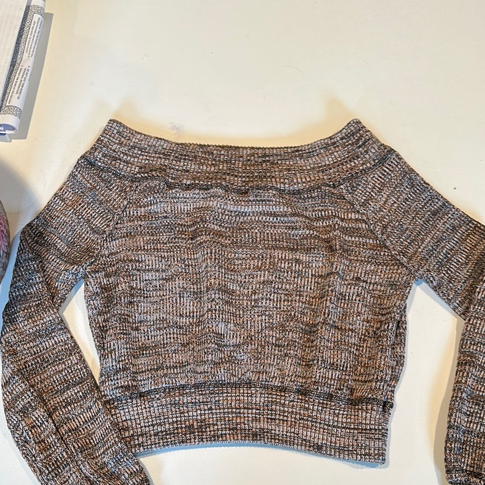 Free People Brown and Gray Off-the-Shoulder Sweater